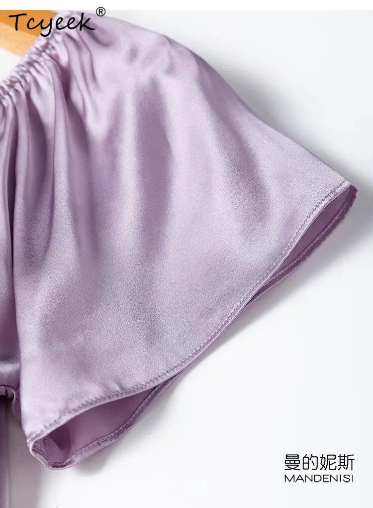 Tcyeek 21MM 100% Mulberry Silk Night Dress for Women Comfortable Sleepwear Women's Home Clothes Thin Purple Sommerkleid Damen