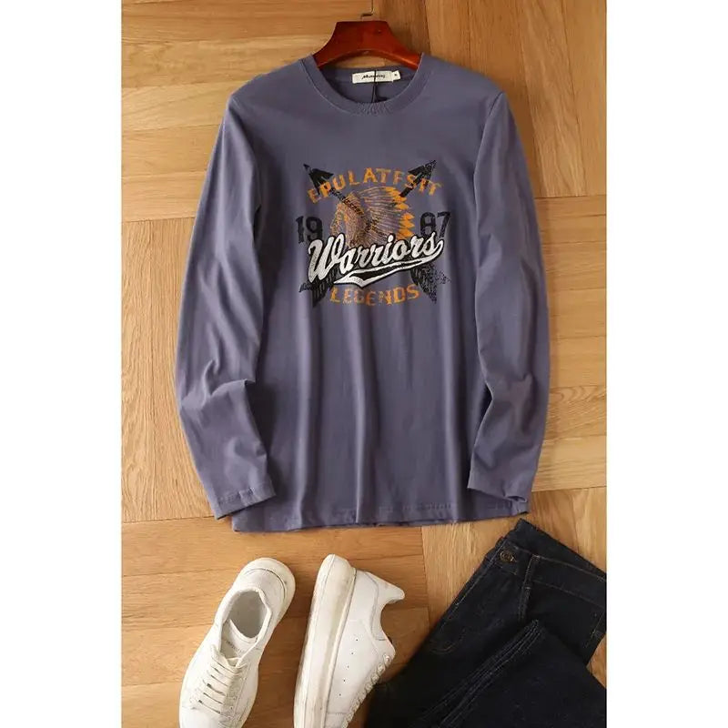 Men's Premium Pure Cotton Long Sleeve T Shirt With Washed Brushed Finish Retro American Print For Men