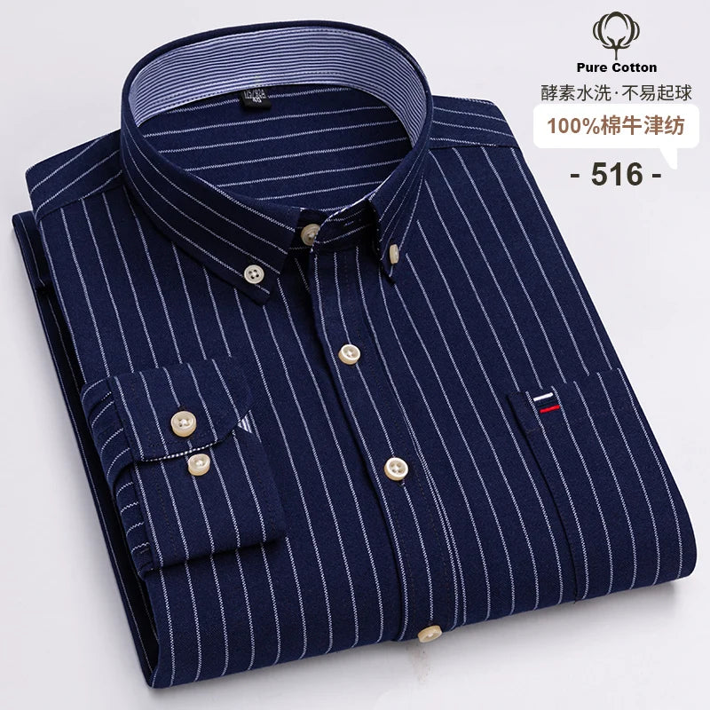 Men's 100% Cotton Oxford Plaid Dress Shirt - Long Sleeve Slim Fit
