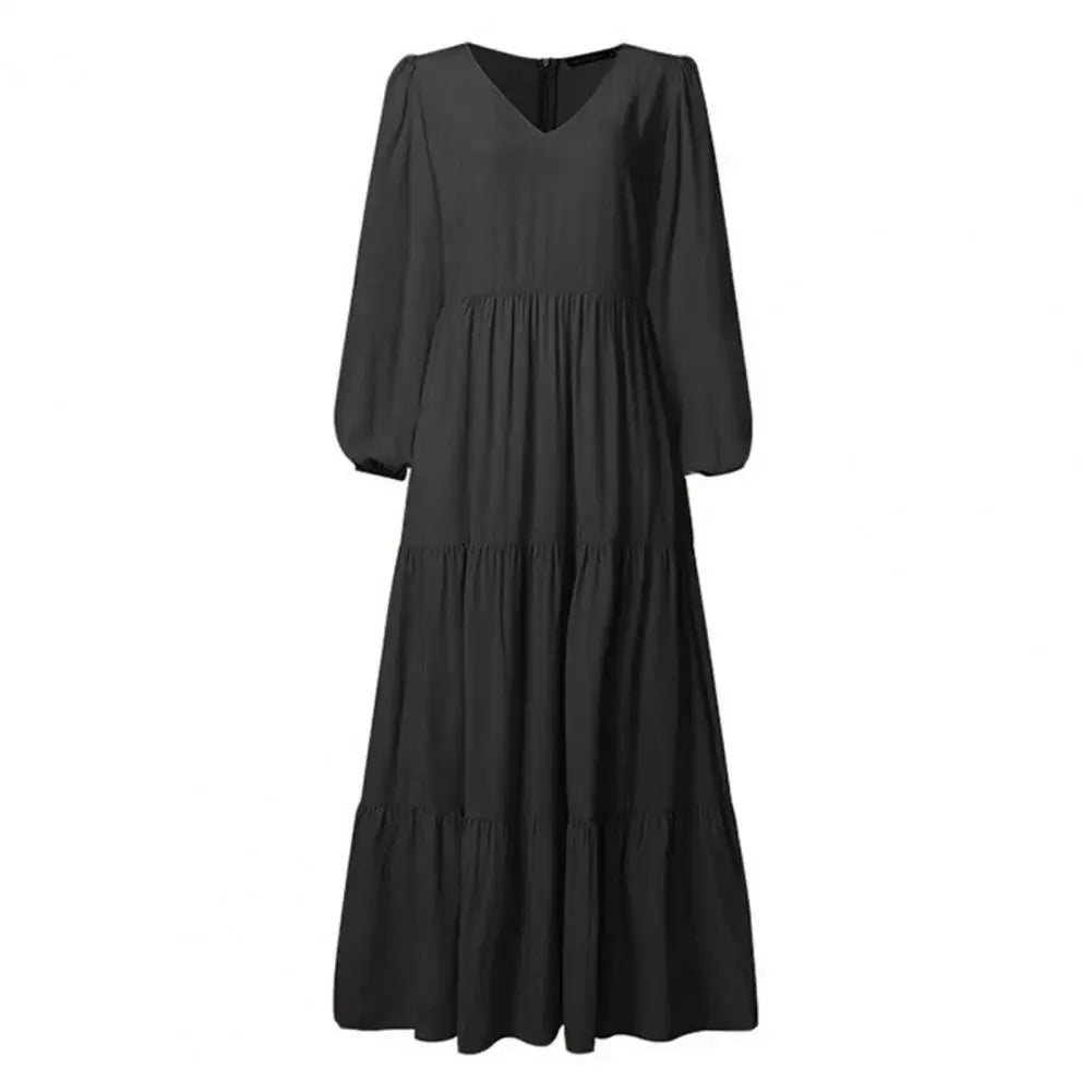 Woman's Solid Color V Neck Dress Elegant A Line Maxi Dress with Pleated Long Sleeves Femme Robe Solid Color Big Swing for Dating