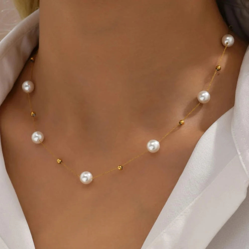 Stainless Steel Temperament Pearl Chain Choker Necklace For Women'S Waterproof Collar Jewelry Bijoux