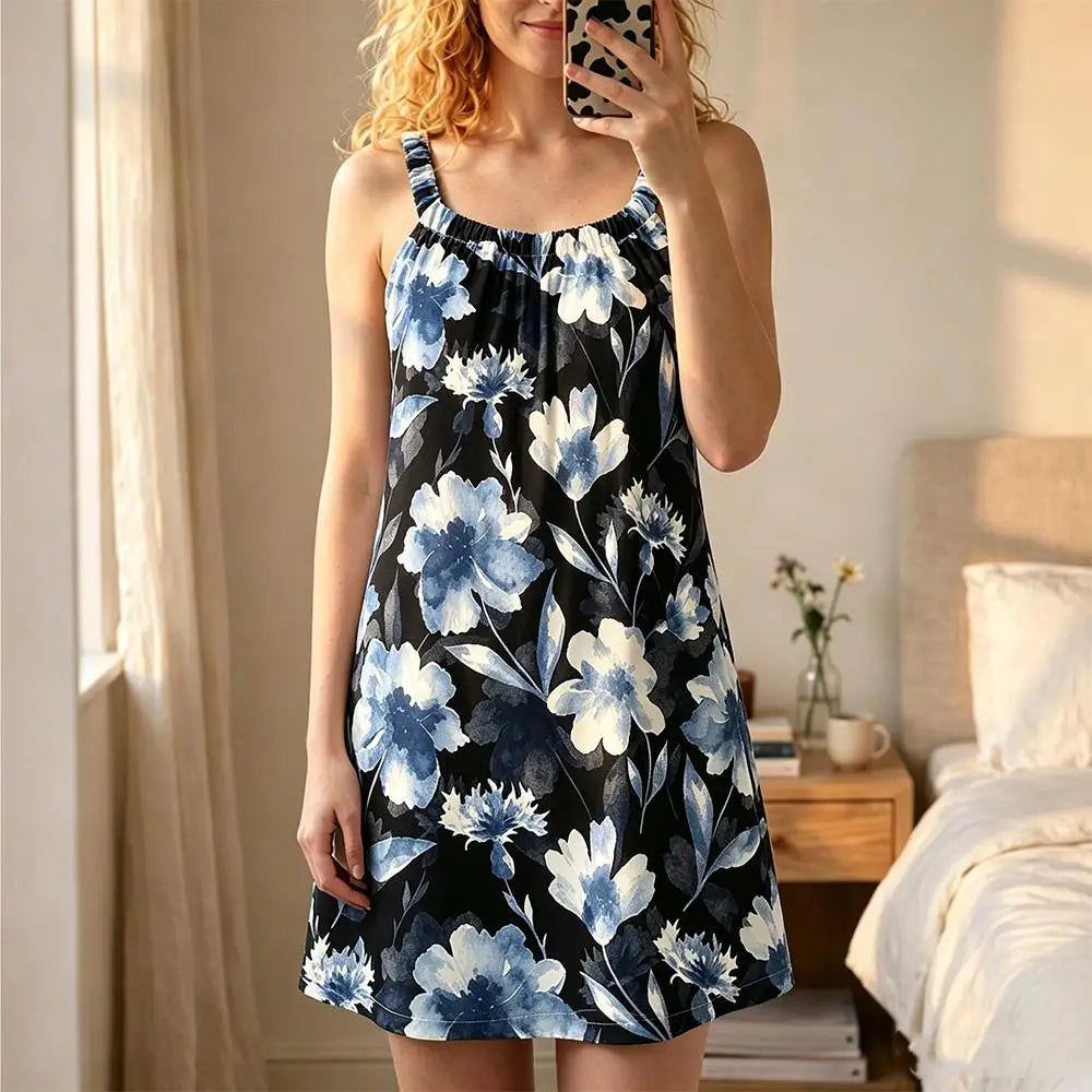 Elegant Oil Painting Floral Print Sleeveless Nightgown Women's Breathable And Comfortable Strap Night Dress Casual Home Pajamas