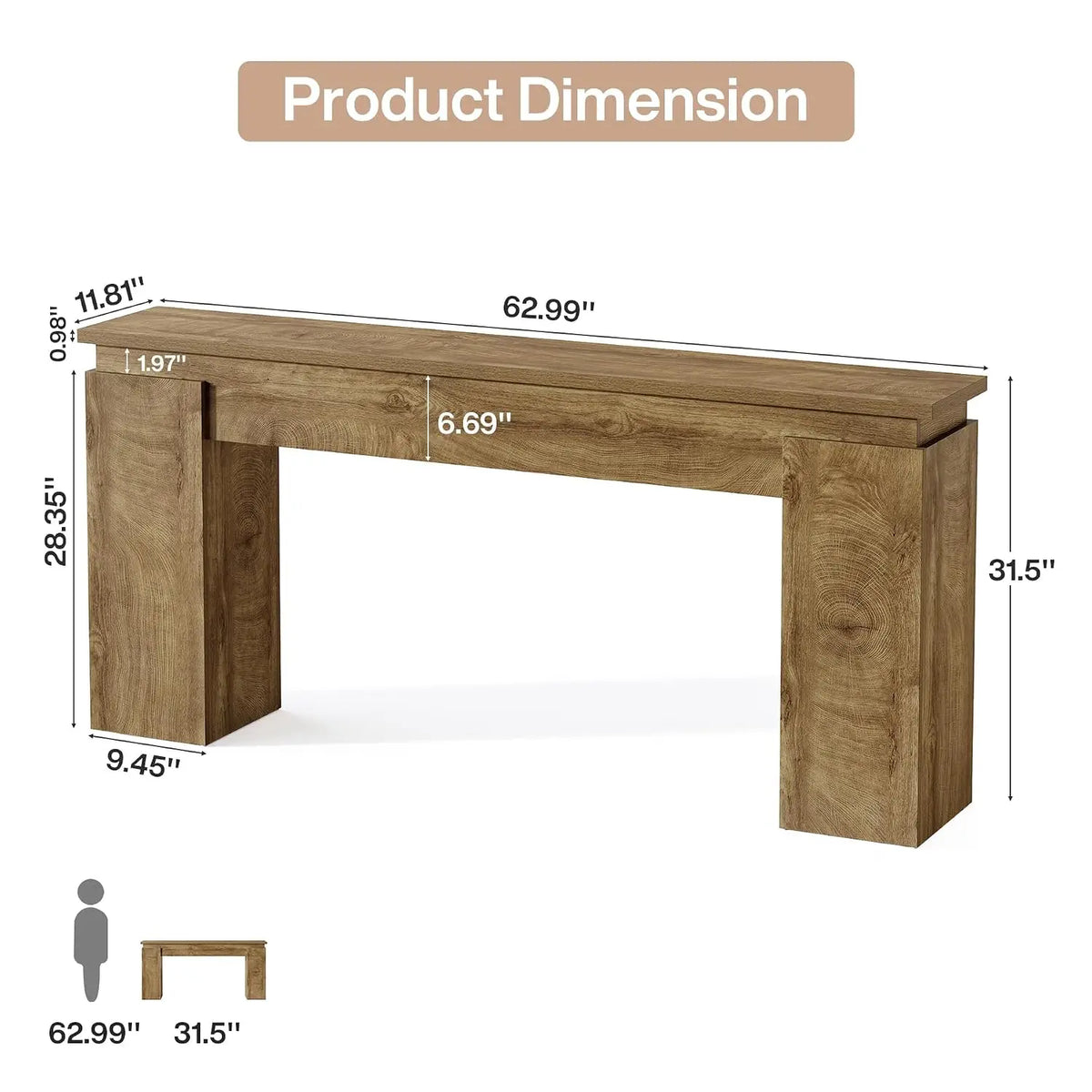 63-Inch Console Sofa Table, Farmhouse Rustic Entryway Table with Open Storage for Living Room & Hallway, Natural Oak, Customized