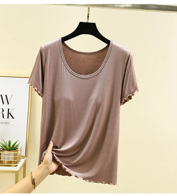 Modal No- Bra T-Shirt One-Piece Short Sleeve Women Summer Wear Casual Solid Color Base Layer Outdoor Wear round Neck T-Shirt
