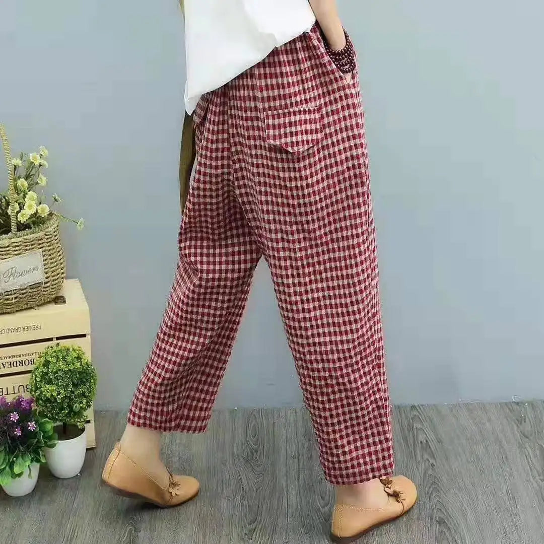 Summer Plaid Fashion Haren Pants Women High Street Casual Loose Pockets High Waist Pure Cotton All-match Comfortable Trousers