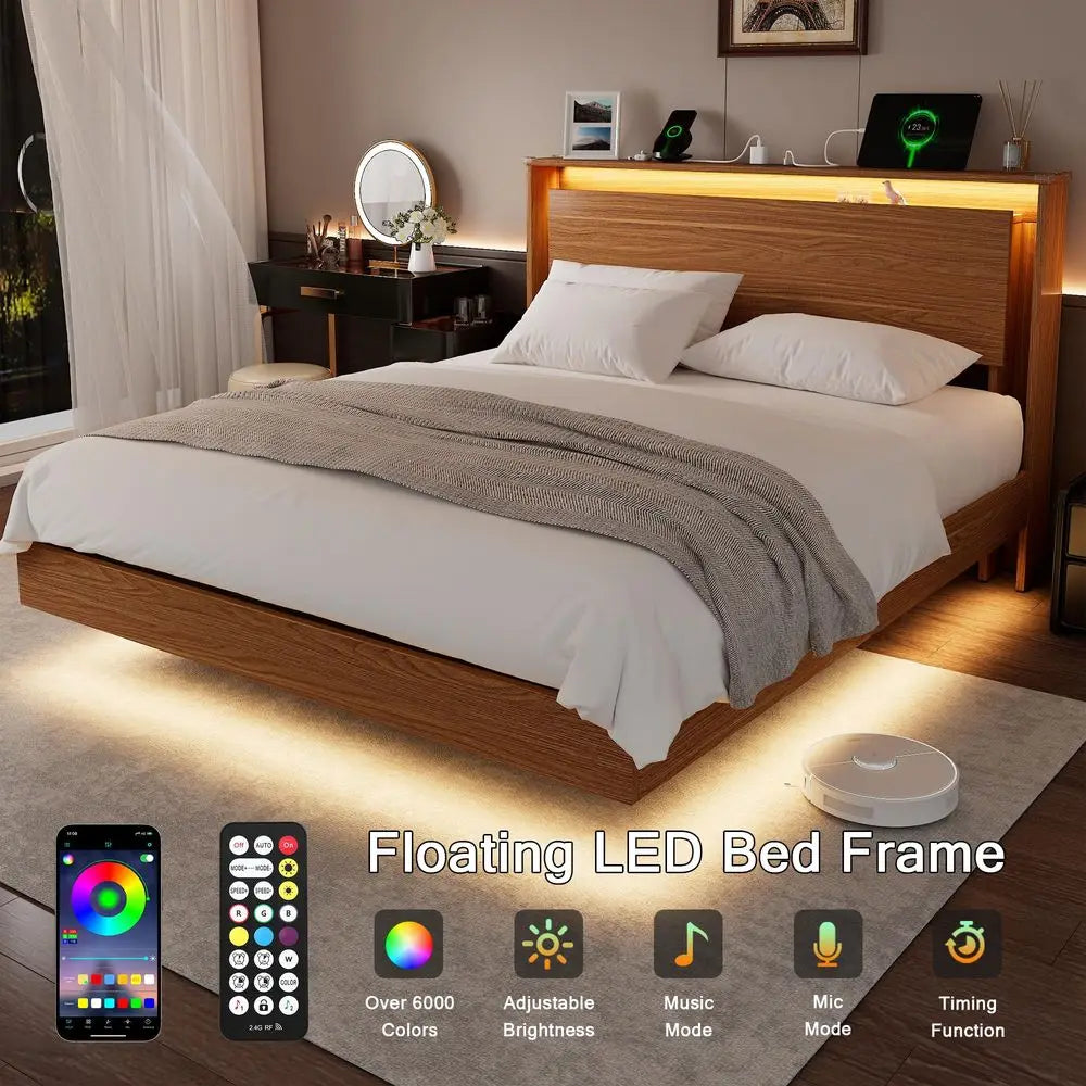 Bed Frame Queen Size with LED Lights amp Charging Station Kids Wood Floating Queen Bed Frame with Storage Headboard, Adhesive S