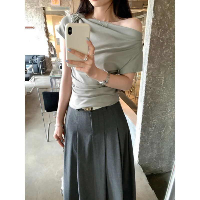 Slim Fit Short Sleeve T-Shirt Women Summer New Style Shoulder Bared Neckline Gathered Waist Elastic Band Casual Style Top
