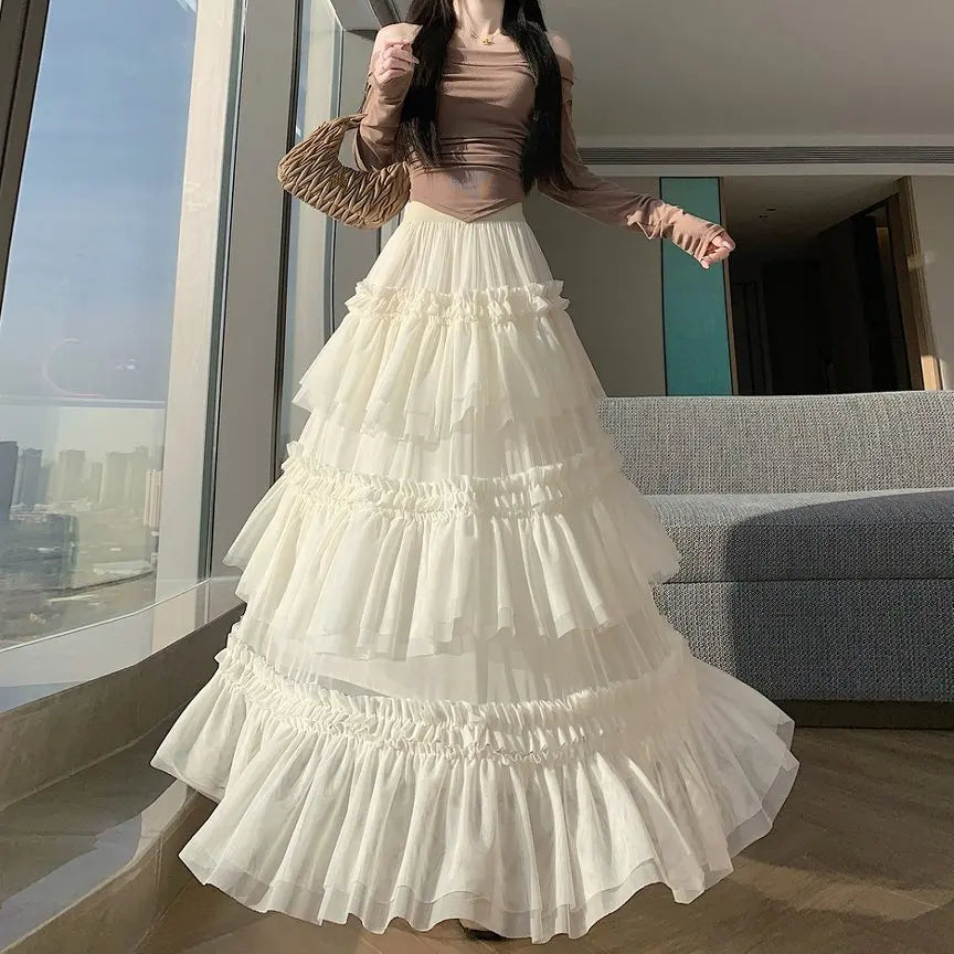 Qiukichonson Midi Long Skirt Women Patchwork Mesh Lolita Spring Summer High Waisted High Low Ruched Ruffles Ball Gown Skirt rok