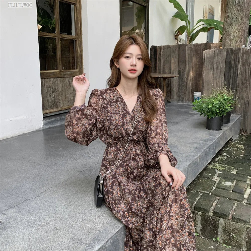 Chic Korean Clothes Design 2022 Autumn Spring Womens V Neck Elegant Lady Floral Printed Retro Vintage Long Maxi Dress