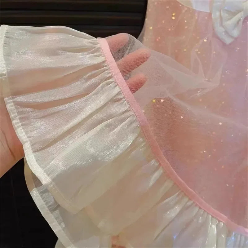 Bear Leader Bow Decoration Pink Girls Dress Summer New Sleeveless Mesh Sequin Princess Dresses Birthday Party Kids Clothes