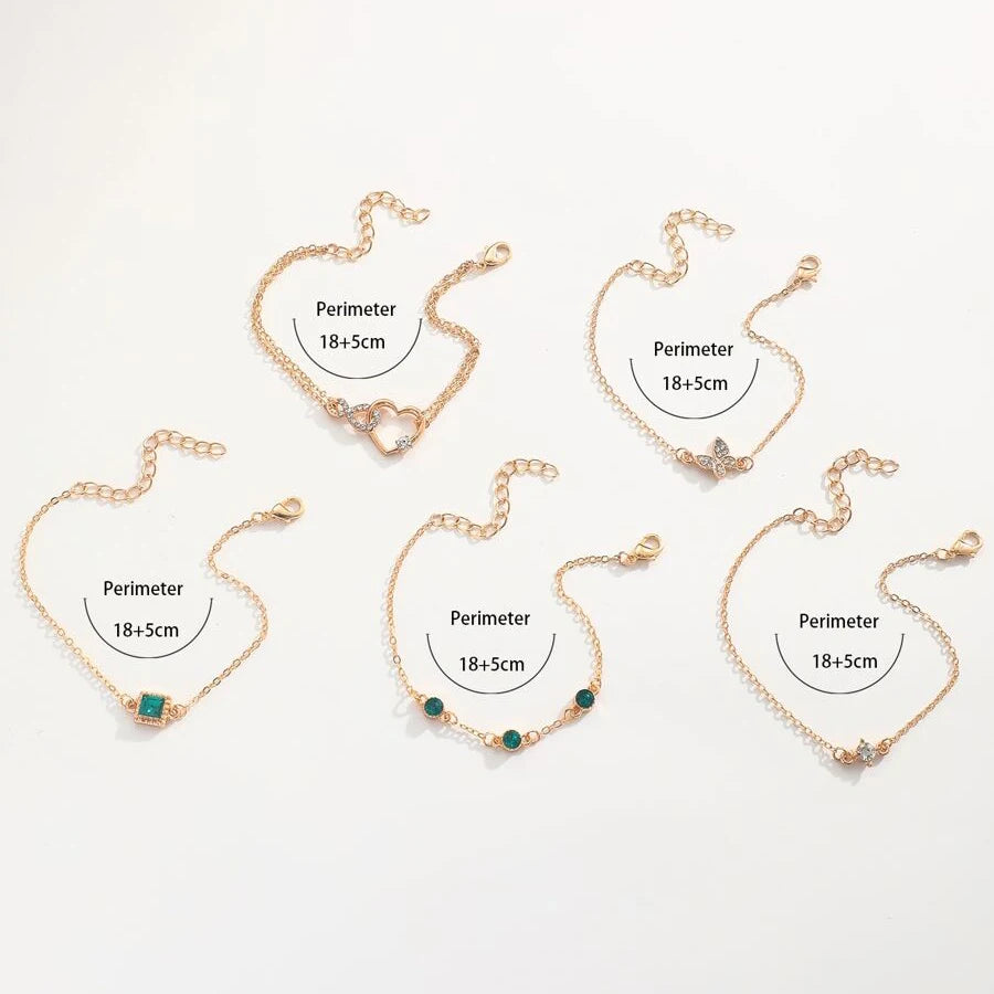 5 Pcs Set Hallow Out Heart Green Crystal Stone Bracelet Set For Women'S Gold Color Lovely Butterfly Rhinestone Girls Bracelet Set