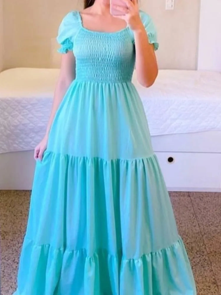 New Women's Boho Floral Dress Spring Summer European American Women's Clothing Off-shoulder Fragrant Long Solid Color Dress