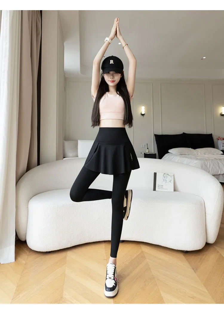 Women Fake Two Pieces Leggings Seamless Fitness Leggings High Waist with Pocket Elastic Slim Fashion Hip Liftting Yoga Pants