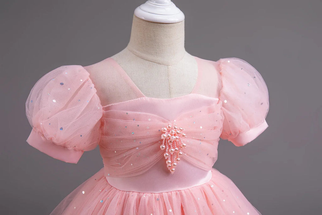 HETISO Pearls Bowknot Kids Girls Dresses Summer Tulle Vintage Elegant Princess Party Gown Children's Gift
