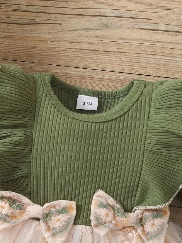 "Girls' Forest-Style Knit Dress | Olive Green Ribbed Top with Tulle Skirt - 3D Bows & Embroidered Floral Princess Dress"