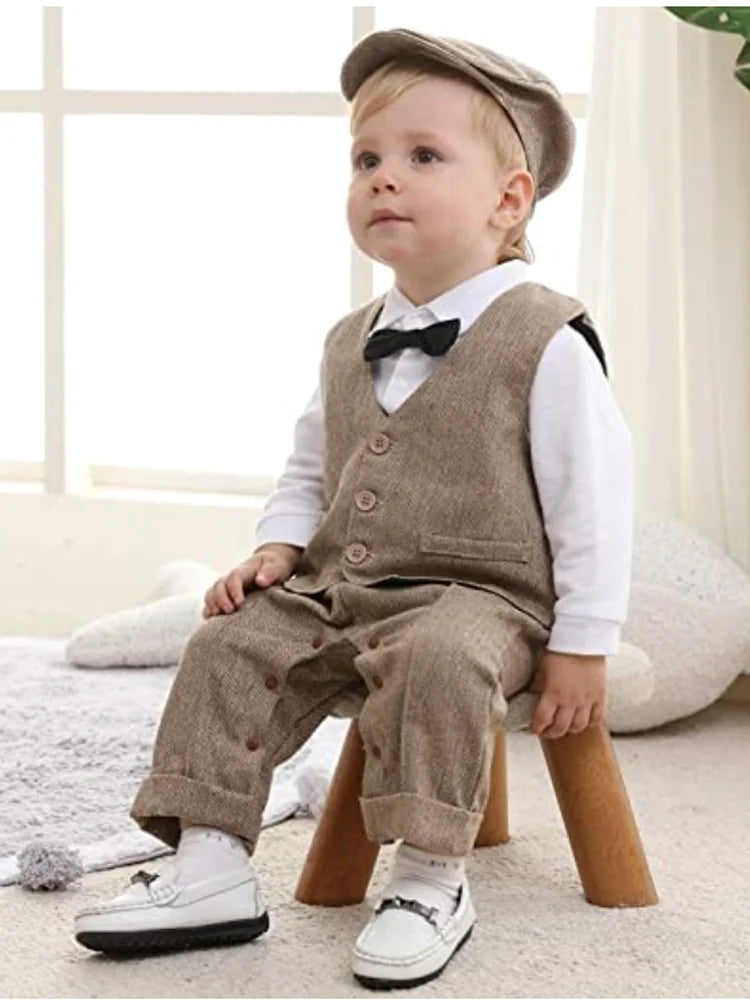Newborn Baby Boy Formal Suit  Party Birthday Wedding Toddler Boys Outfit  Jumpsuit+Waistcoat+Beret+Bowtie+Suspender 0-3 Months
