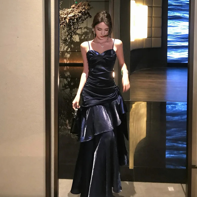 Premium Light Luxury Niche Bar Mitzvah Birthday Party Dress Dress Retro Vacation Ruffle Edge Suspender Dress