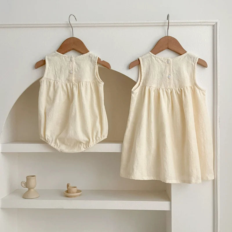 Girls Birthday Party Sisters Outfits Summer Green Apricot Floral Embroidery Sleeveless Bodysuit Vest Dress Baby Clothes H037