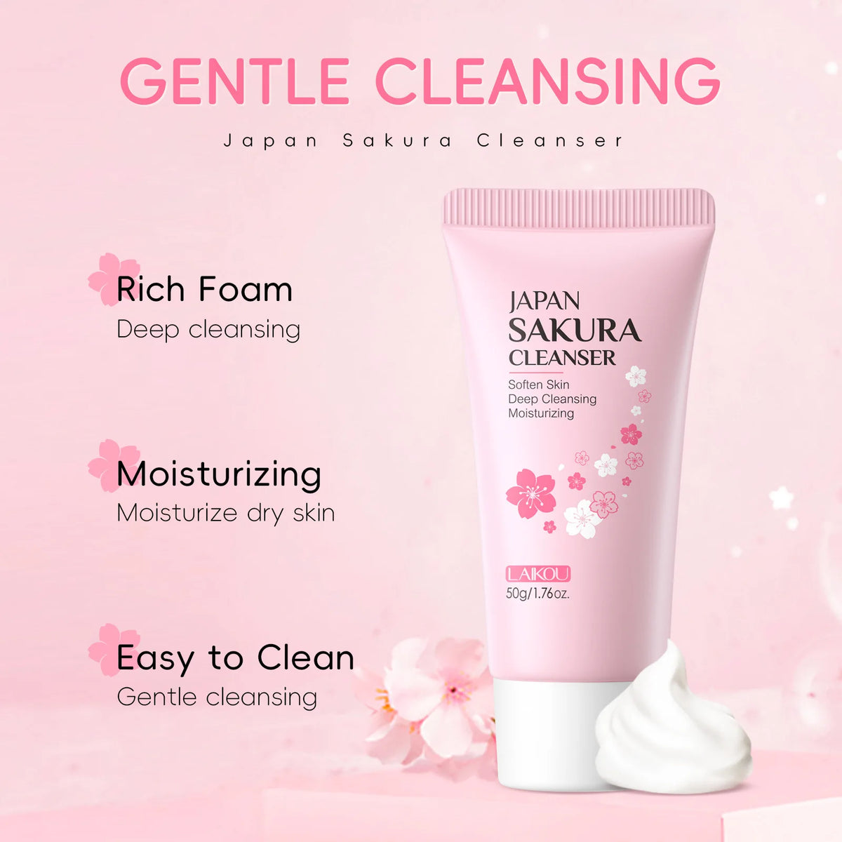 LAIKOU Sakura Facial Cleanser - 50g Gentle Deep Cleaning Face Wash