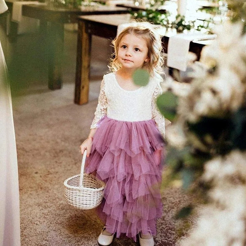 Princess Girls Festival Dress for 6m To 13 Years Old Elegant Flower Girl Vacation Layered Dress Lace Backless Evening Dresses