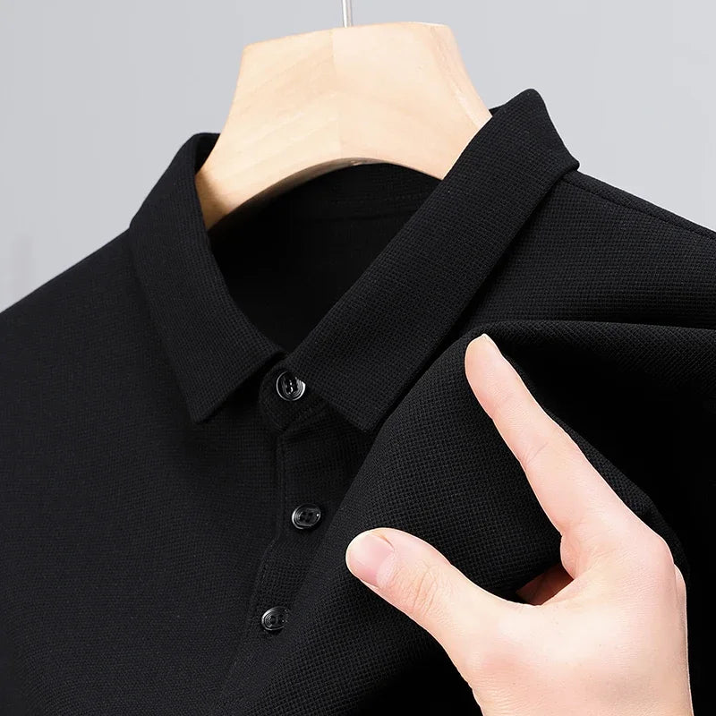 Men'S Fashion Waffle Solid Short Sleeved Polo Shirt Summer Breathable Comfortable Top