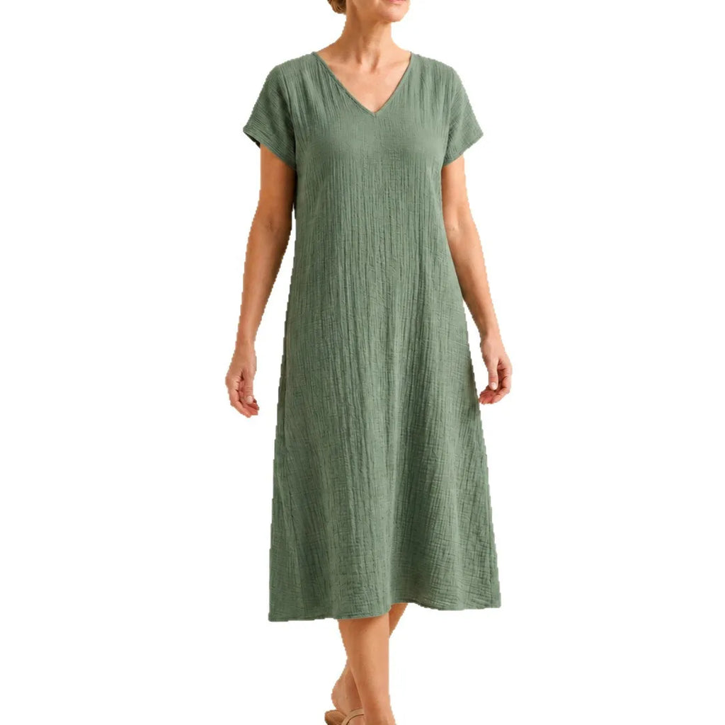 Casual Loose Polyester Crepe Dress V-Neck Short Sleeve Midi A-Line Skirt Women's Fashion Comfortable Leisure Cross-Border Style