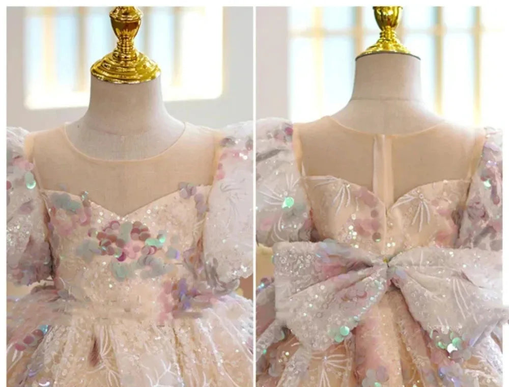 HETISO Children Evening Dresses Luxury Sequined Girls Birthday Party Fluffy Ball Gown Kids Tutu Wedding Formal Wear Gift