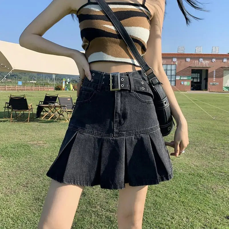 Retro American Blue Hot Girl Pleated Denim  Skirt Women's Summer New Pure Desire A-Line High Waist Short Skirt