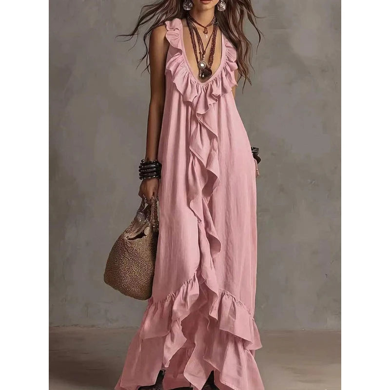 Boho Ruffled Maxi Dress Deep V Sleeveless Cascading Ruffle Loose Flowy Floor Length Beach Vacation Casual Long Dresses Cover Up
