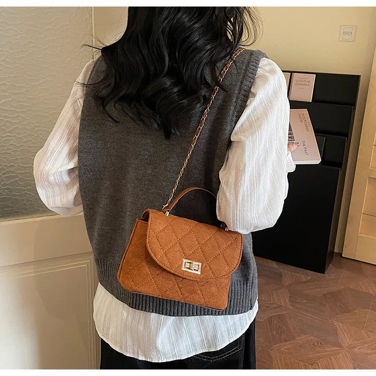 Diamond Grid Chain Crossbody Bag One Shoulder Purse Trendy Flip Top Clutch Women's Fashion Suede Leather Casual Shoulder Bag