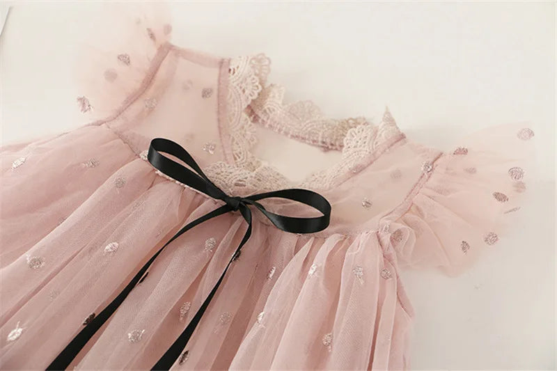 3 to 8 Years Summer Princess Girls Sweet Dress Floral Print Ruffles Sleeve Lace Tutu Mini Dress