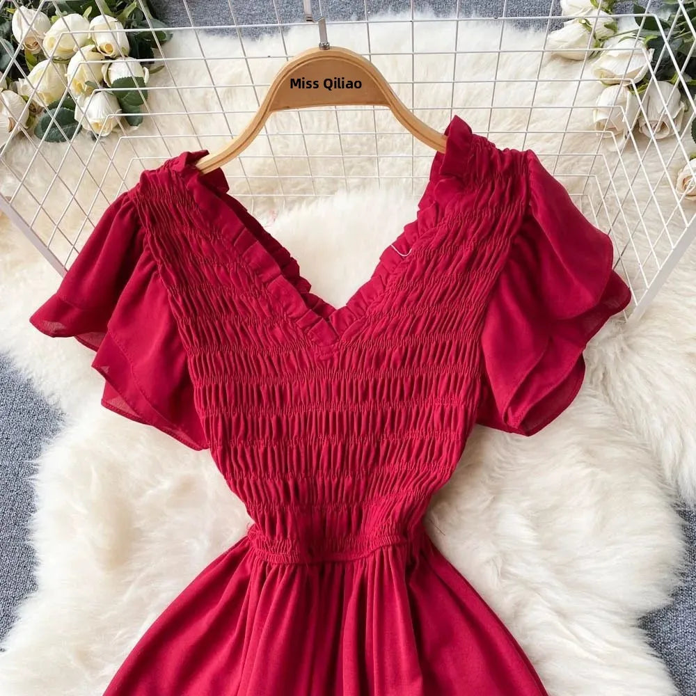 YuooMuoo Luxury French Red Black Maxi Party Dress Elegant V Neck Other Material 100% Autumn 2024 Ladies Dress