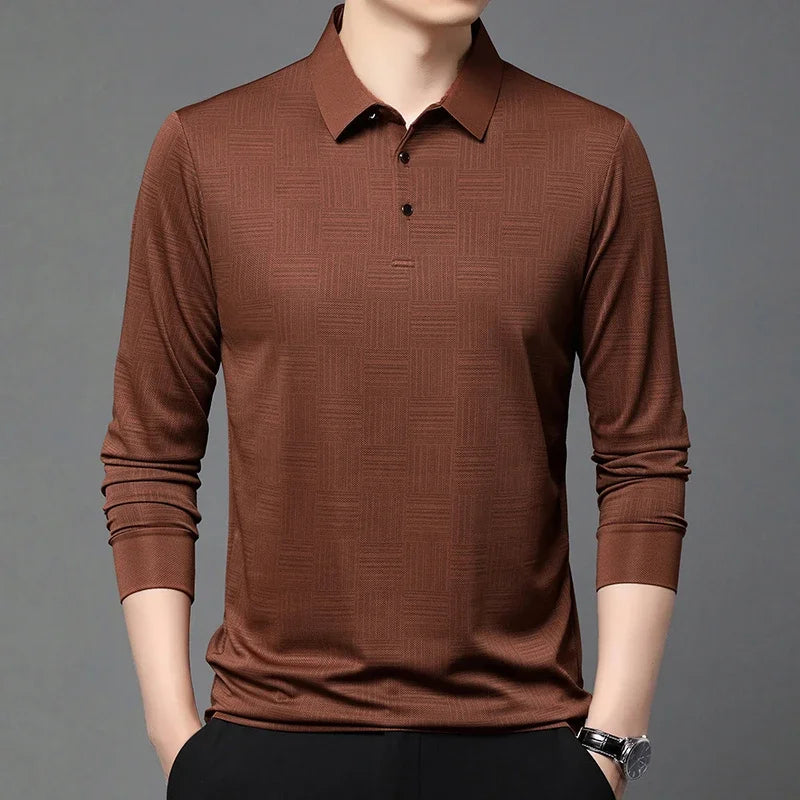 New Men's Business Casual Long Sleeved Shirt Solid Color Polo Shirt Fashionable Breathable Comfortable Versatile Top