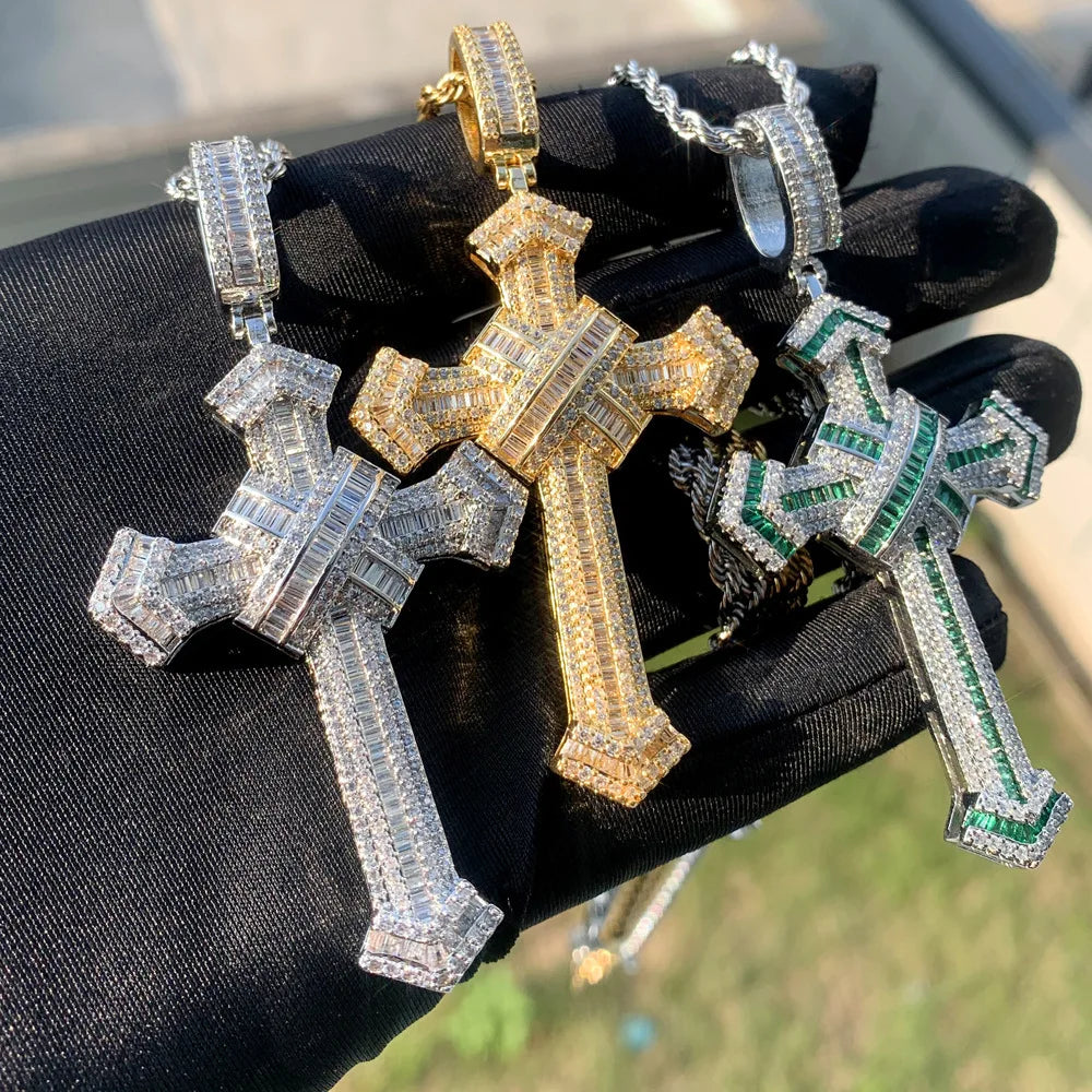 14K Gold Long Lab Moissanite Cross Pendant Wedding Pendants Necklace For Women'S Men Hiphop Jewelry