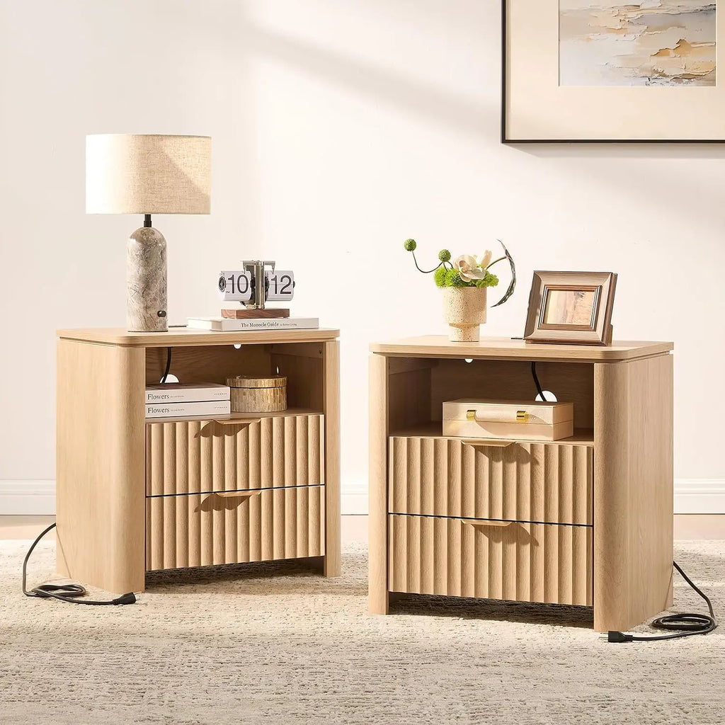 Fluted Nightstand Set Of 2 With Charging Station, 23.7" Wide Modern End Table With 2 Drawers, Wooden Bedside Table, Customized