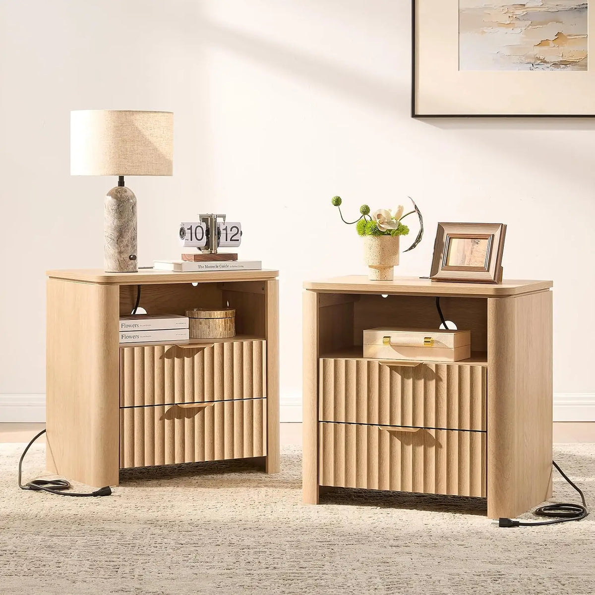 Fluted Nightstand Set Of 2 With Charging Station, 23.7" Wide Modern End Table With 2 Drawers, Wooden Bedside Table, Customized