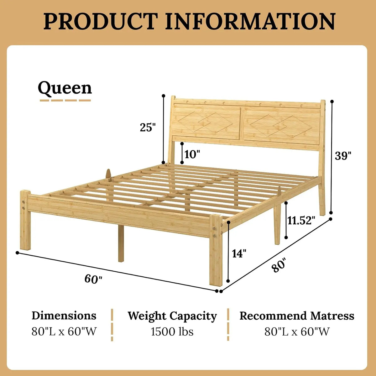 Bamboo Wood Queen Bed Frame with Ergonomic Slant Headboard