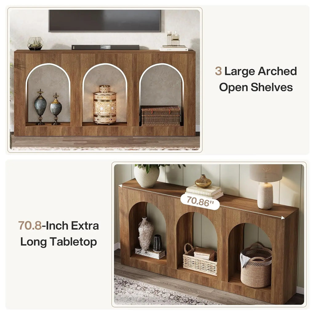 70.9" Console Table with 3 Arched Shelves, Wood Entryway Storage for Foyer Hallway Living Room, Narrow Long Brown, Customized