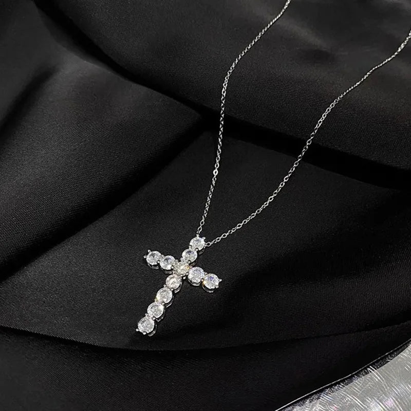 Luxury Shiny 925 Sterling Silver Inlaid Full Zircon Cross Pendant Necklace For Women'S Man Exquisite Jewelry Accessories Colorfast