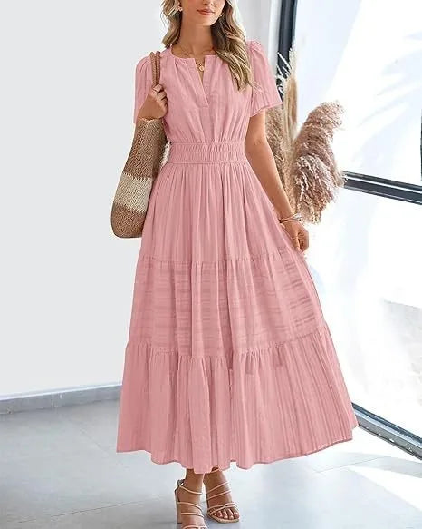 Summer Solid Color V-neck Tight Waist Dress French Style Elegant Pleated Large Swing Long Dress Casual Vacation Style Slimming M