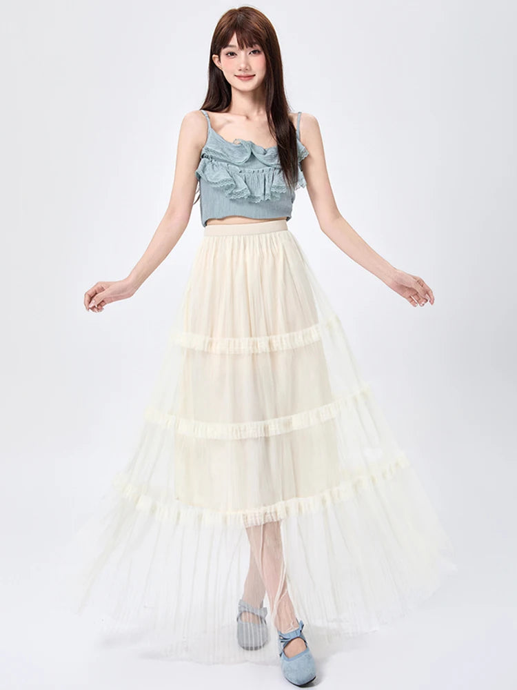 Women's Skirt Spring Summer Tiered Tulle High Waist Ruffle Hem A-Line Pleated Maxi Layered Mesh Cake Skirt Female Faldas SK120