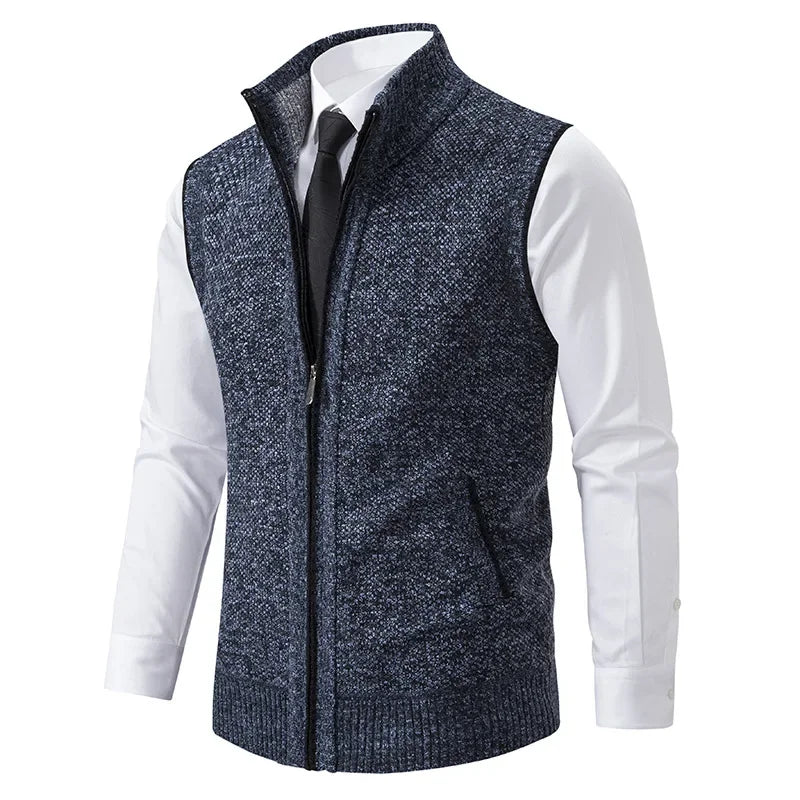 Men'S Knitted Sleeveless Sweater Cardigan Zipper Sweater Vest Casual Sleeveless Warm Jacket Slim Fit Stand Collar Sweatercoat