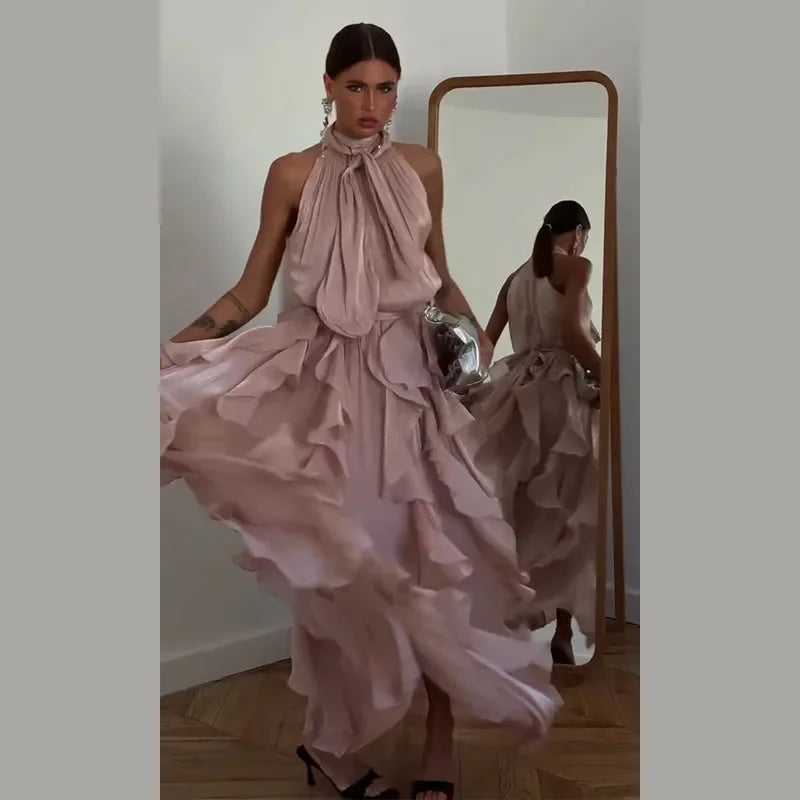 Summer Cascading Ruffles Long Dress Women Sleeveless Lace Up Pleated Female A-line Dresses 2026 Fashion Lady Holiday Robes New