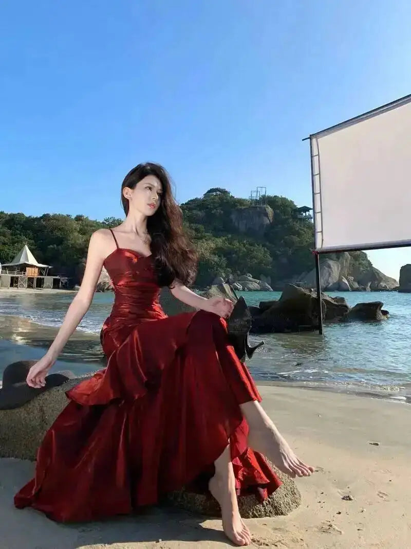 LGRQ 2026 Summer Blue Niche Strap Dress Fishtail Elegant Long Dresses Solid Color Female Elegant Party Gown 19DA2013