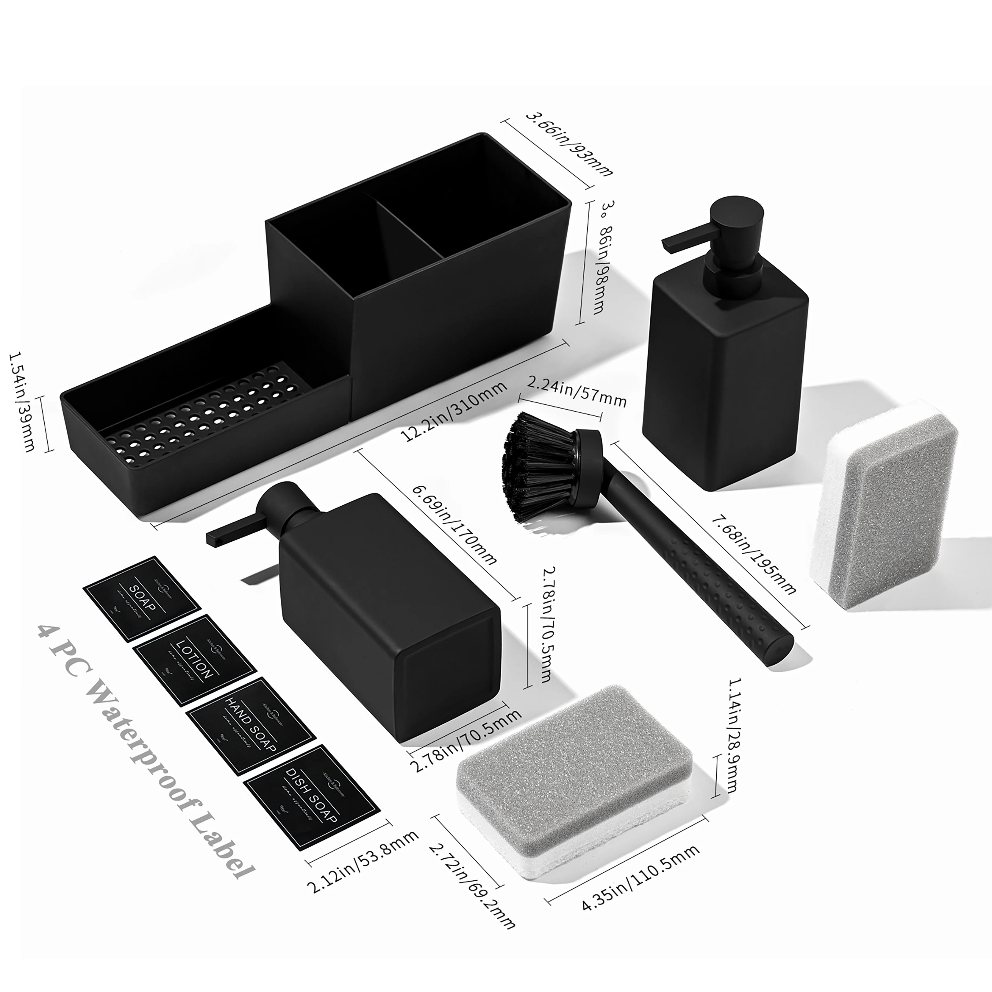 Juego de dispensador de jabón de cocina con soporte para esponja y cepillo para fregadero, dispensadores de jabón de manos y jabón lavavajillas, negro 4 en 1