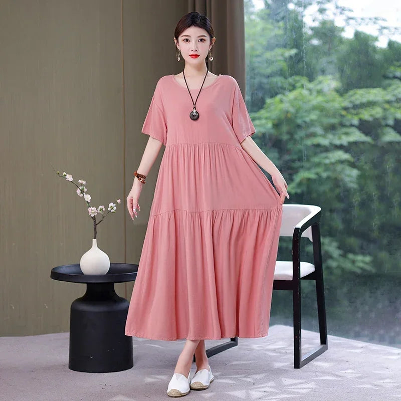 Women's Oversized A-Line Midi Dress – Loose Fit Short Sleeve Summer Sundress