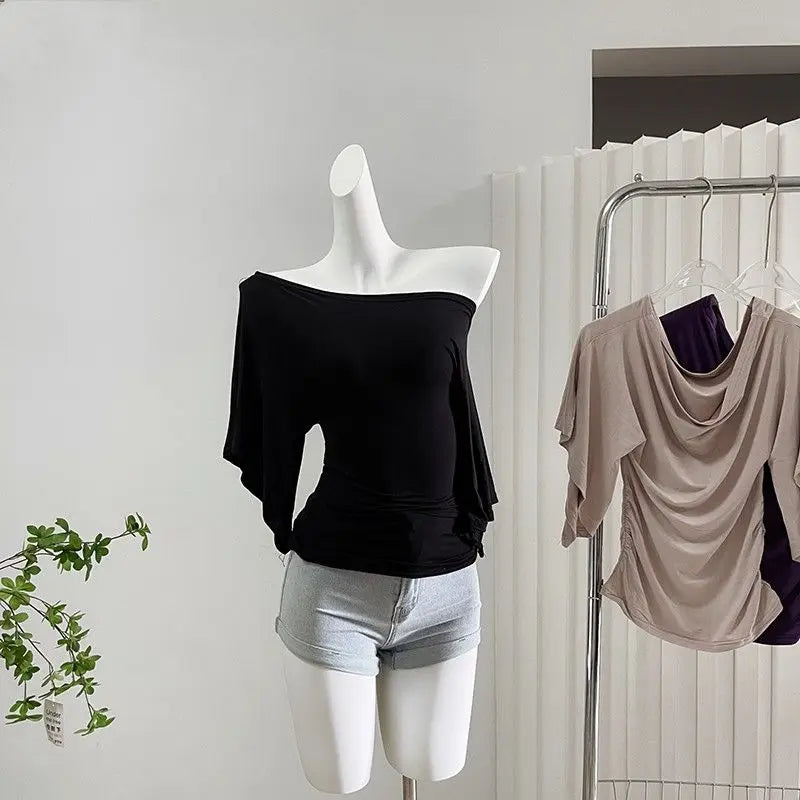 Sexy Summer Off Shoulder T shirt Women Elegant Batwing Short sleeve Cowl Neck Tops Korean Chic Tight Tshirt Lady Tees 2025 New