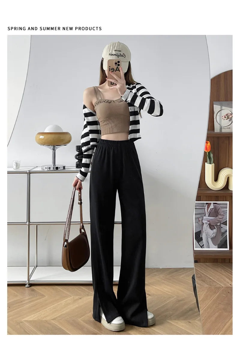Women's High Waist Wide Leg Knitted Pants - Side Split Casual Long