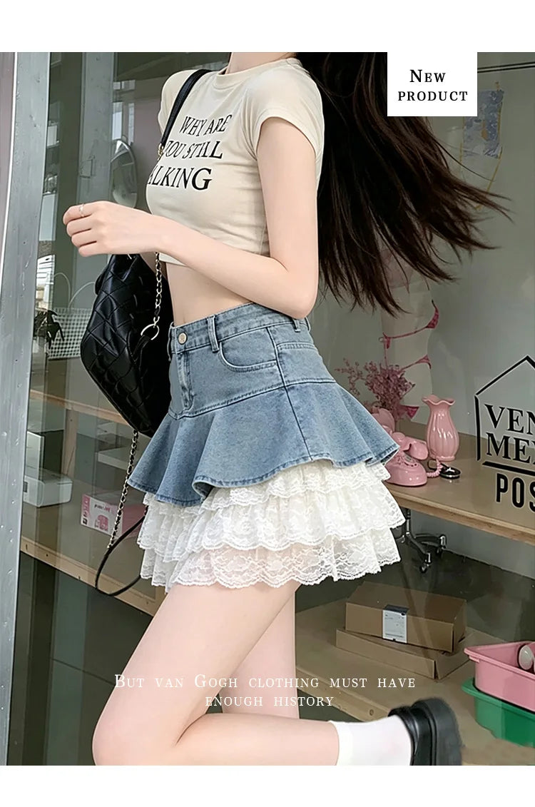 HotSweet Denim Patchwork Lace Mini Skirt 2026 Summer Ruffled Slimming A-Line Skirt For Women Streetwear Y2k Short Skirts
