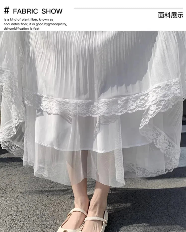 Retro Sweet White Long Skirt Women Casual Loose High Waist Elegant Skirt Vintage Lace Patchwork Korean Summer Long Skirts